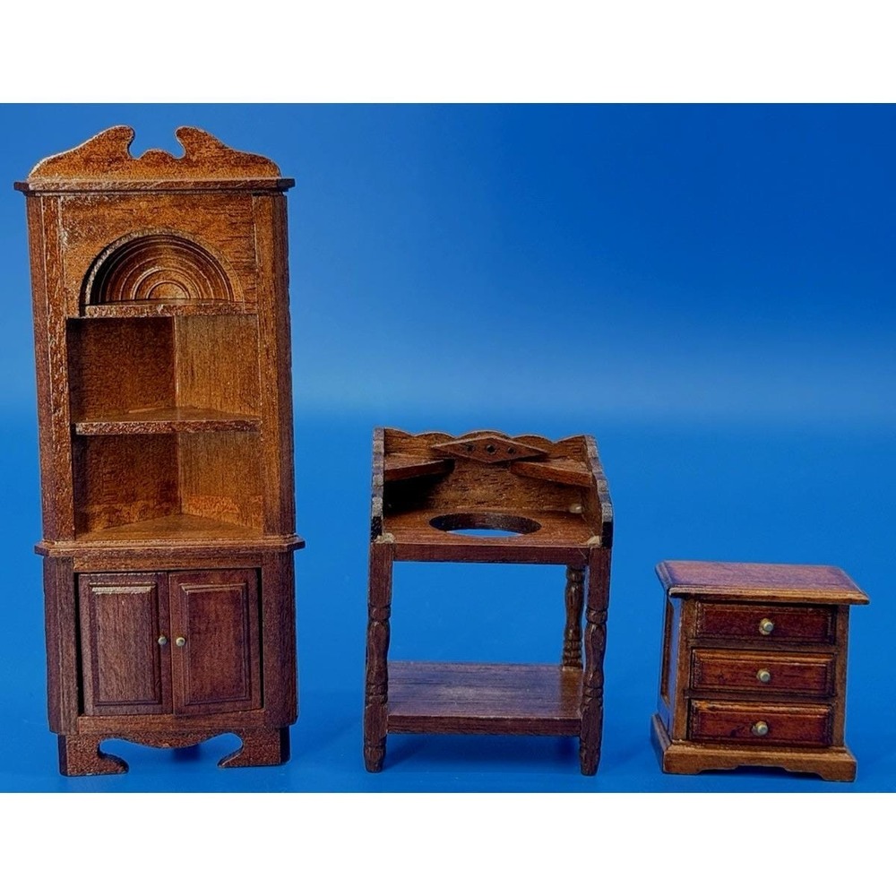Vtg 1:12 Dollhouse Miniature Wood Corner Hutch Wash Stand Nightstand Taiwan Lot